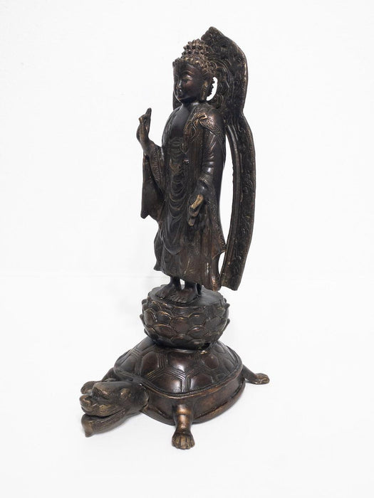 Antique Chinese Bronze Standing Buddha Figure on Lotus Platform Upon a Turtle