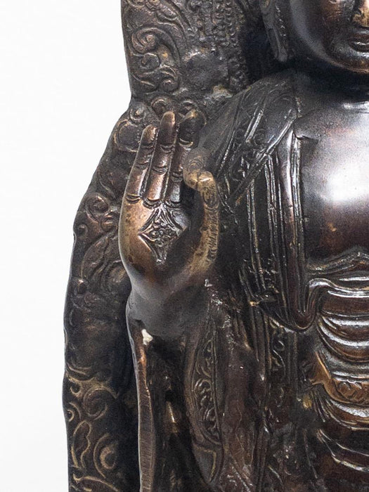 Antique Chinese Bronze Standing Buddha Figure on Lotus Platform Upon a Turtle