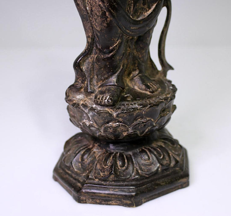 19th Century Antique Chinese Bronze & Parcel Gilt Figure of Guan Yin Standing on Lotus Platform