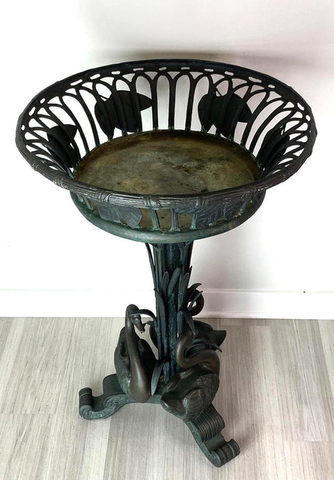 Vintage Bronze Basket Form Pedestal Plant Stand or Planter With Swans With Cattails