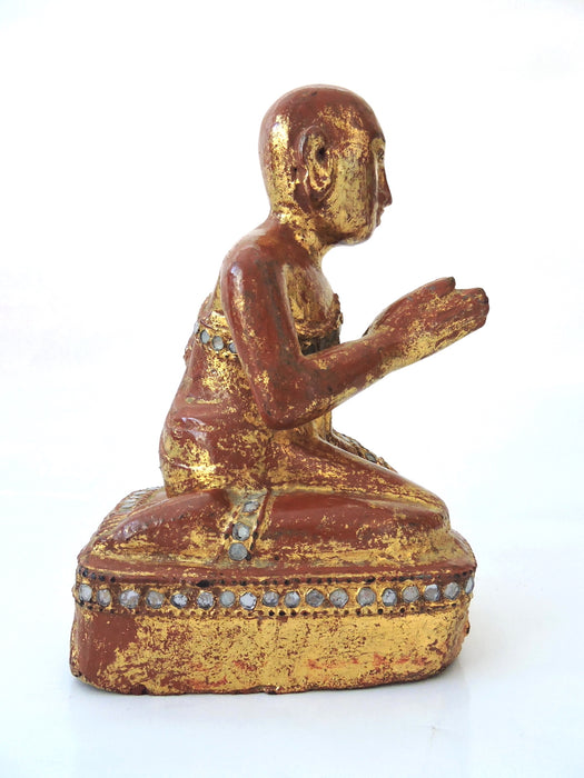 Antique Burmese Gold & Red Lacquered Monk Statue or Figure, 19th Century