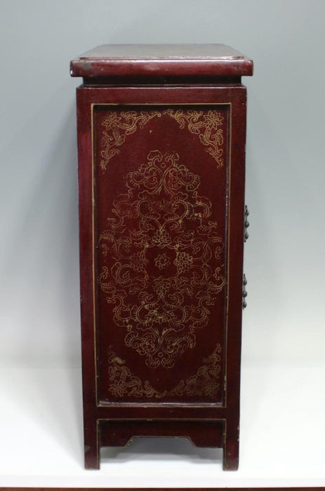 Antique Chinese Qing Dynasty Brick Red Lacquer Storage Cabinet With Hand Carved Gilt Panels