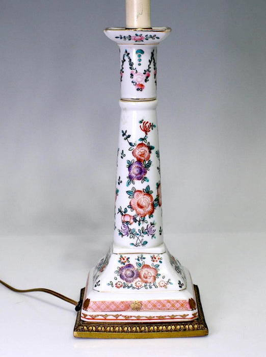 Large Antique Chinoiserie White Porcelain Candlestick Lamp Conversion With Pink Flowers, Samson Style