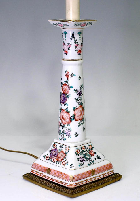 Large Antique Chinoiserie White Porcelain Candlestick Lamp Conversion With Pink Flowers, Samson Style