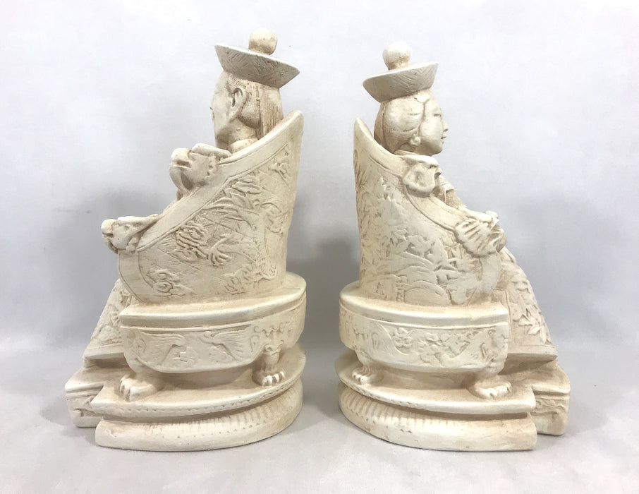 Mid Century Chinese Chalk Ware Empress and Emperor Figures (Bookends) on Dragon Thrones, a Pair