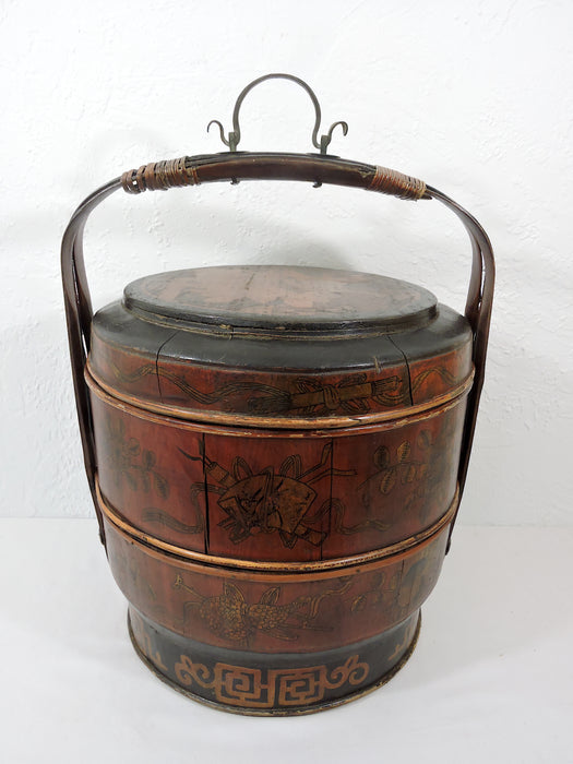Mid 20th Century Old Chinese Hand Decorated Bamboo Tiered Wedding Box or Basket, Sewing Box