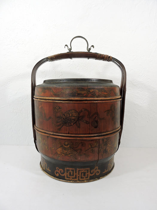 Mid 20th Century Old Chinese Hand Decorated Bamboo Tiered Wedding Box or Basket, Sewing Box