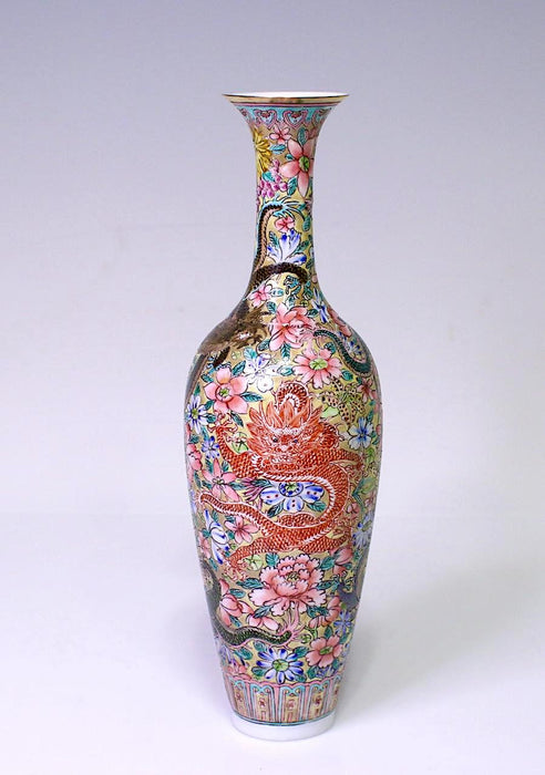 Chinese "Eggshell Porcelain" Vase With Five Clawed Imperial Dragons, Millefiore Flowers & Gilt Work