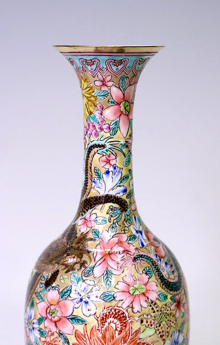 Chinese "Eggshell Porcelain" Vase With Five Clawed Imperial Dragons, Millefiore Flowers & Gilt Work