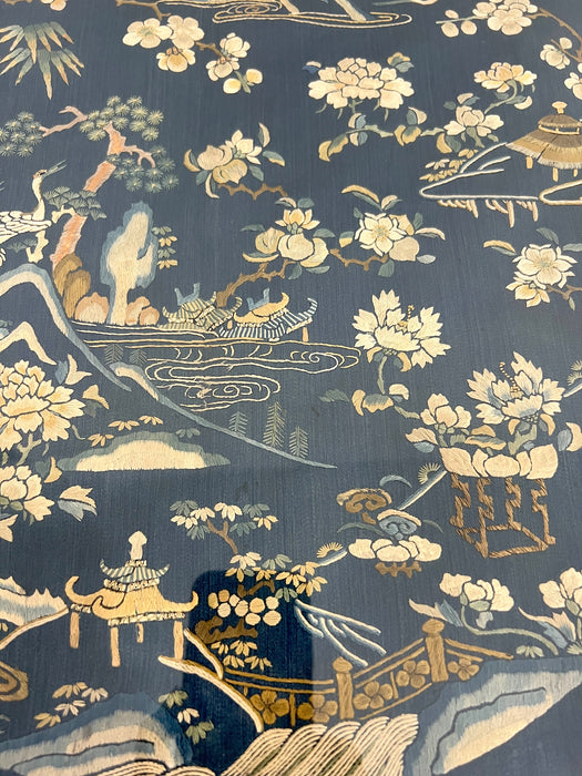 Antique Chinese Navy Blue Framed Silk Embroidered Panel, Landscape, Flowers and Golden Bats