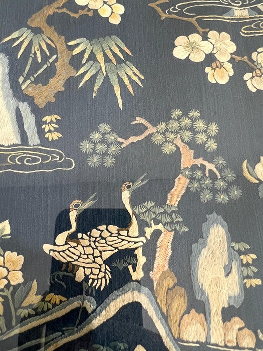 Antique Chinese Navy Blue Framed Silk Embroidered Panel, Landscape, Flowers and Golden Bats
