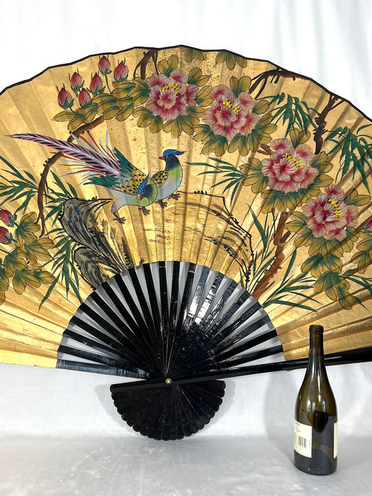 Massive Vintage Gold & Black Lacquer Oriental / Chinese Wall Fan With Phoenix Birds and Chrysanthemums