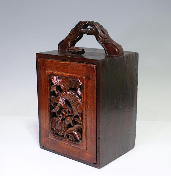 Large Antique Chinese Hand Carved Brown Wooden Storage Box With Drawers, Auspicious Fish & Turtles
