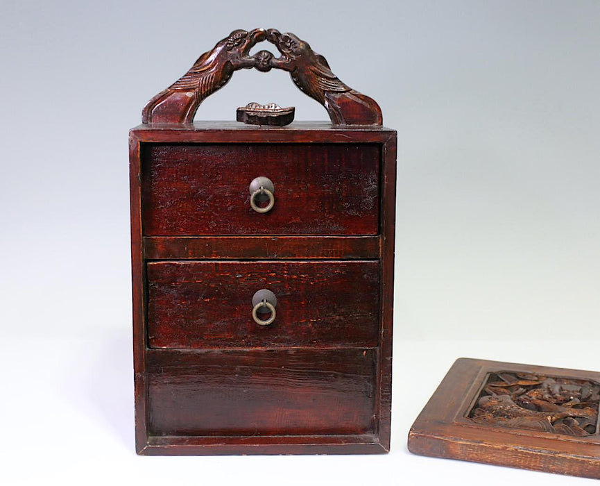 Large Antique Chinese Hand Carved Brown Wooden Storage Box With Drawers, Auspicious Fish & Turtles