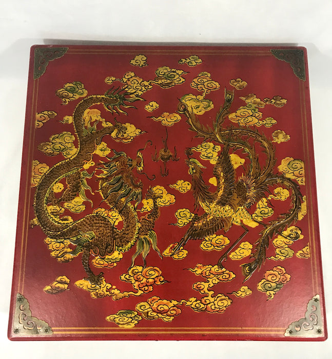 Vintage Games Compendium, Backgammon, Chess, Two Chinese Games in Golden Dragon & Phoenix Hand Painted Red Box