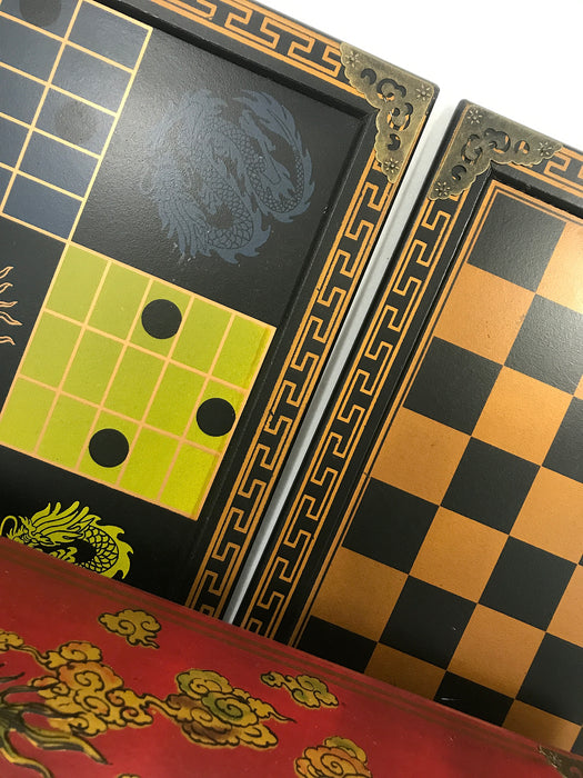 Vintage Games Compendium, Backgammon, Chess, Two Chinese Games in Golden Dragon & Phoenix Hand Painted Red Box