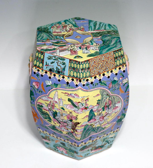 Rare Antique Qing Dynasty Chinese Porcelain Blue and Yellow Garden Drum Stool With Epic Scenes of Immortals