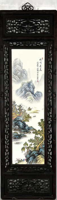 Chinese Carved Blackwood Wall Plaque Panel With Hand Painted Mountain Landscape on Porcelain (Shan Soi) , Signed