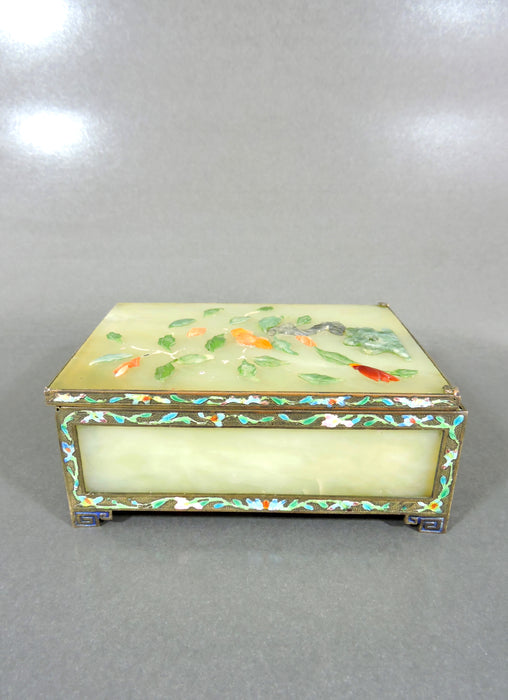 Antique Chinese Green Jade Panel and Cloisonné Hinged Gilt Trinket Box With Coral Flowers