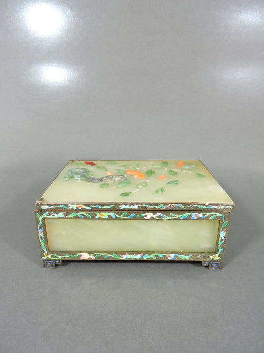 Antique Chinese Green Jade Panel and Cloisonné Hinged Gilt Trinket Box With Coral Flowers