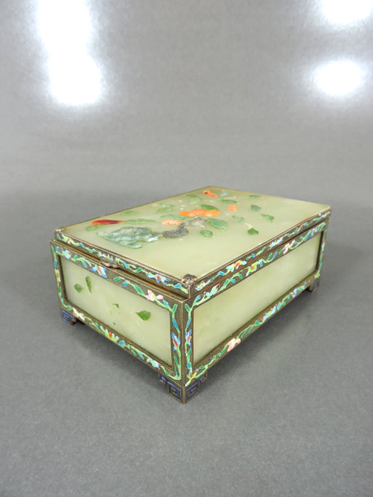 Antique Chinese Green Jade and Cloisonné Hinged Gilt Trinket Box With Coral Flowers