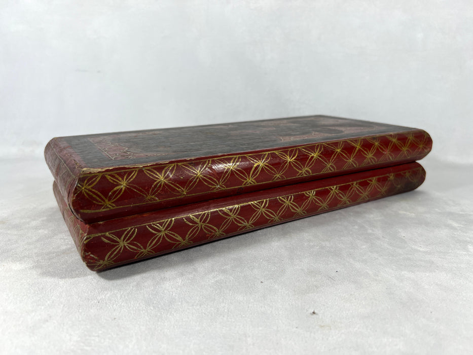 Antique Chinese Hand Painted Red and Gold Dowry Gift Box With Birds & Calligraphy (Hong Kong) Signed