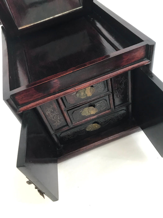Antique Chinese Rosewood Mirrored Vanity / Jewelery Box With Brass Inlaid Guan Yin & Dragons