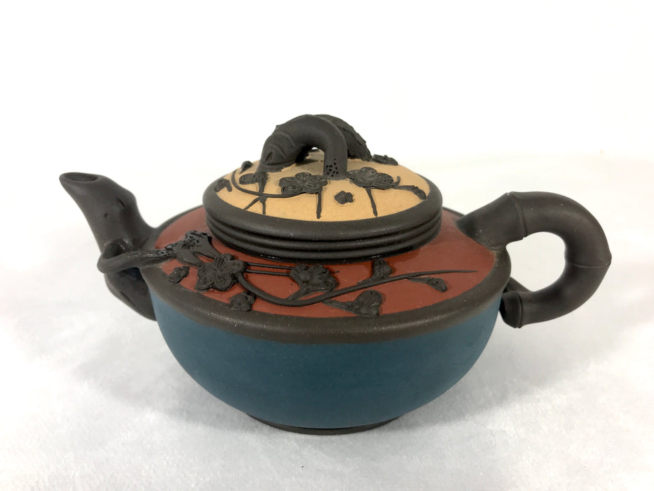 YiXing Zisha Three Tone Chinese Plum Flower Tea Pot, Signed and Marked / Stamped