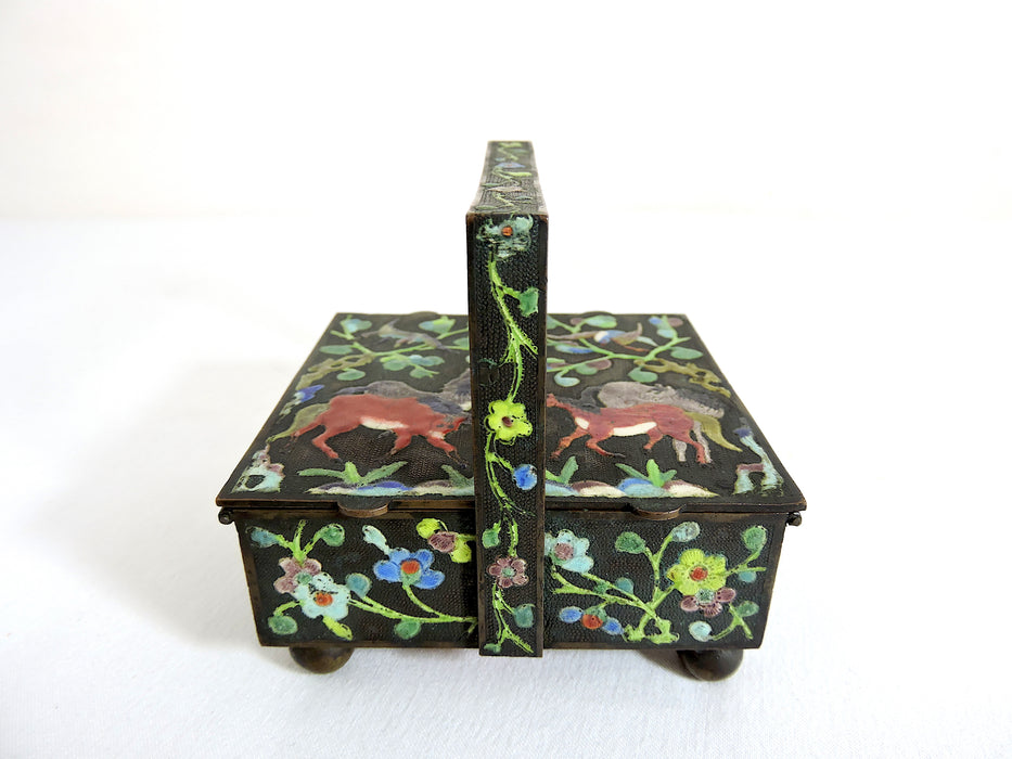 Antique Floral Chinese Cloisonné Enamel 'Opening' Brass Ashtray With Horses