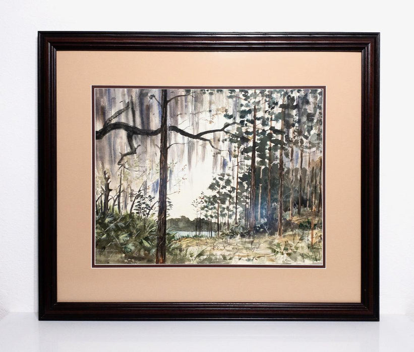Mid 20th Century "Florida Pine & Live Oak Hammock Forest" Original Watercolor Painting by Gifford Cochran, Framed