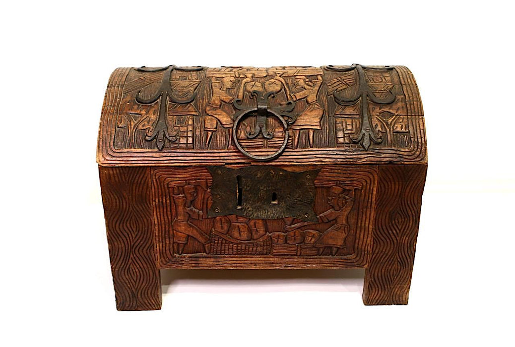 Antique Colonial Hand Carved Wooden Treasure / Dowery Chest