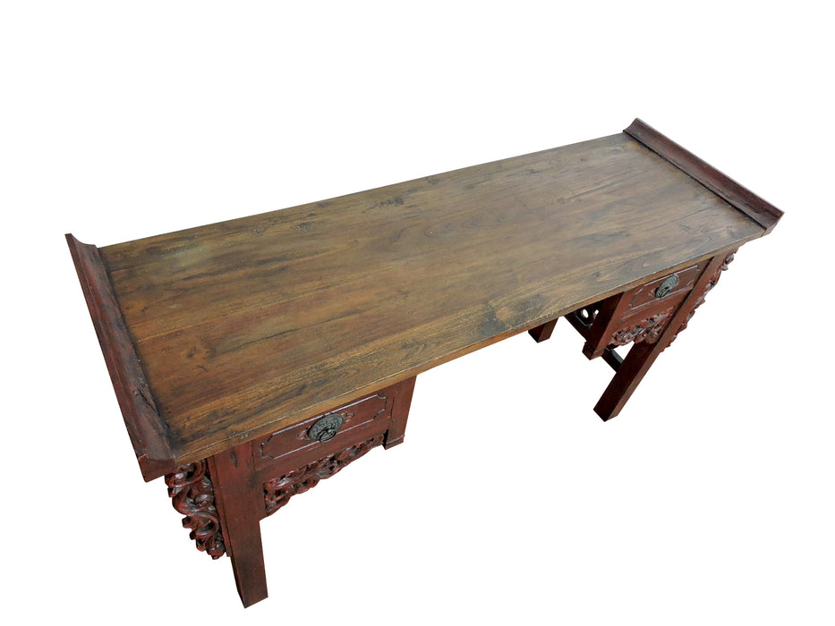 Mid 20th. Century Chinese Brick Red & Black Altar Table or Console With 2 Drawers