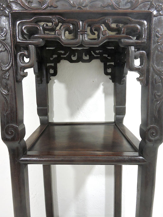 Antique Chinese Blackwood Plant Stand or Display Table With Pink Beige Marble Top (Hongmu)