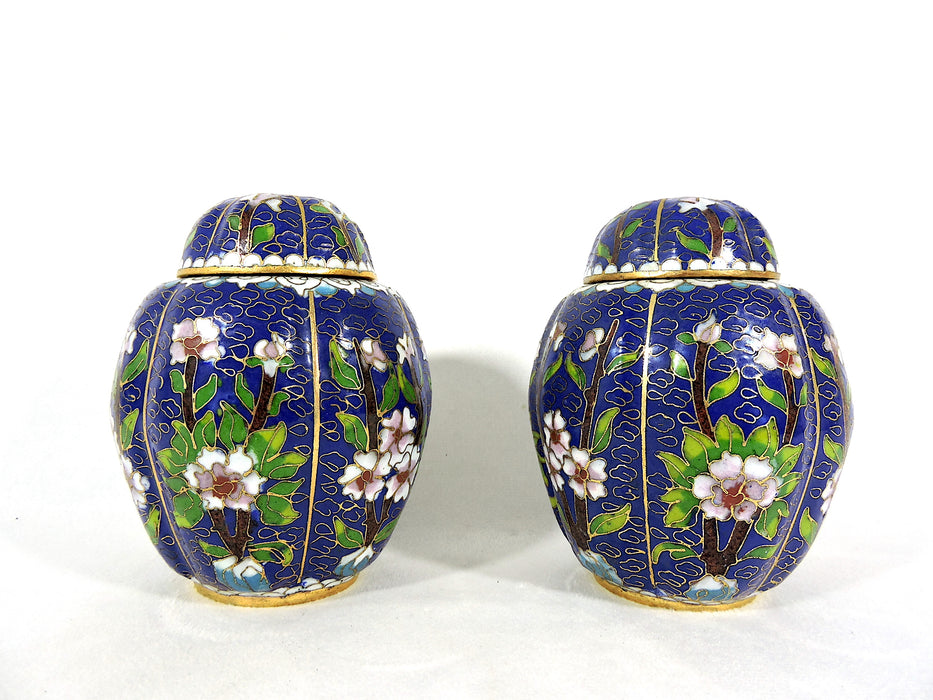 Vintage Chinese Blue Cloisonné Ribbed Ginger Jars With Pink & White Flowers - a Pair