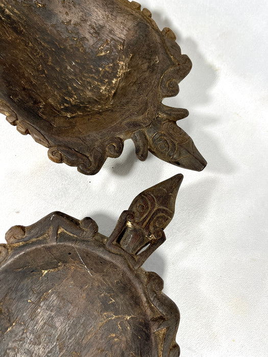 Primitive Tribal Ceremonial Hand Carved Wood Bowls or Dishes, a Pair (Dayak - Borneo)