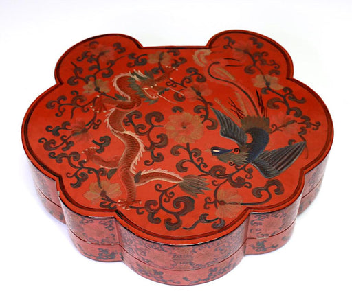Large Antique Chinese Red Lacquer Lobed Box With Dragons & Phoenix
