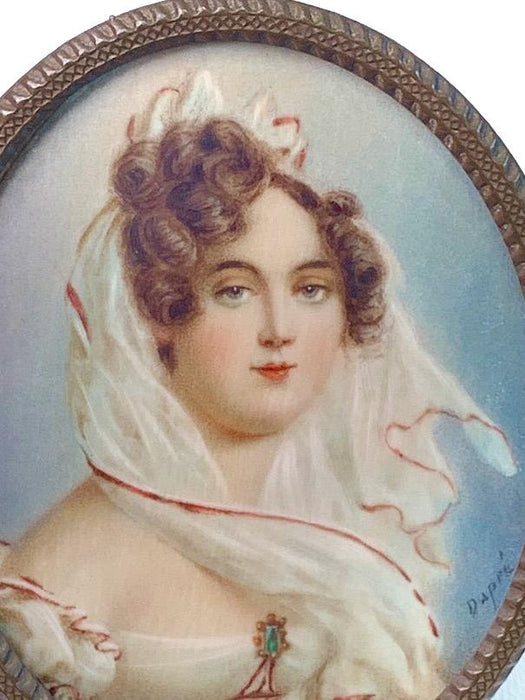 Napoleon III Antique Miniature Portrait Painting of a Lady signed Jules Dupre, French