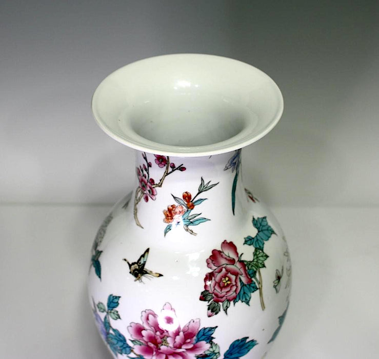 Large Vintage Chinese Famille Rose White Porcelain Vase With Flowers and Insects 18"
