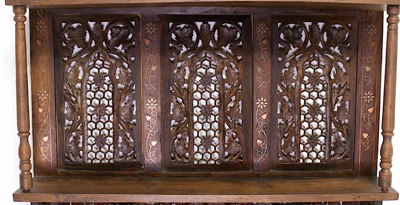 Antique Anglo Indian Carved Shesham Mahogany & Brass/Copper Inlaid Folding Wall Shelf / Bookcase