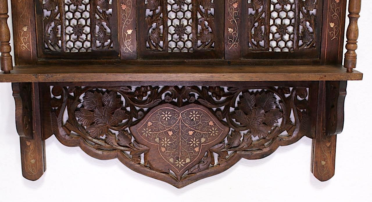 Antique Anglo Indian Carved Shesham Mahogany & Brass/Copper Inlaid Folding Wall Shelf / Bookcase