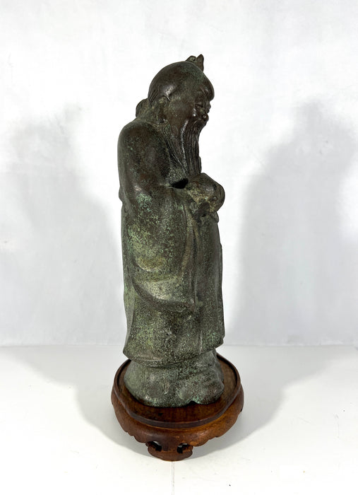 Chinese Bronze Figure of the Wise Man, Fu Lou Shou - Deity of Longevity, With Wood Stand