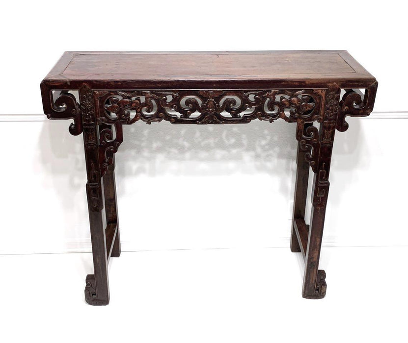 19th Century Chinese Qing Dynasty Carved Hardwood Alter Table Fujian Province, With Bats and Dragons