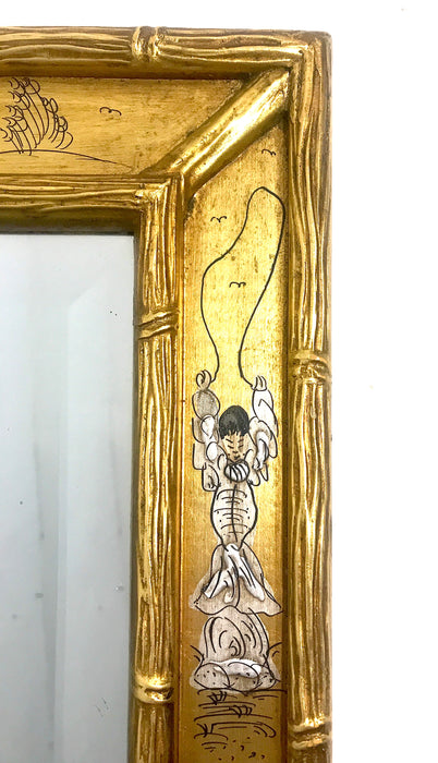 Vintage Chinoiserie Rectangular Faux Bamboo Gold Wall Mirror With Hand Painted Chinoiserie Landscape Scenes
