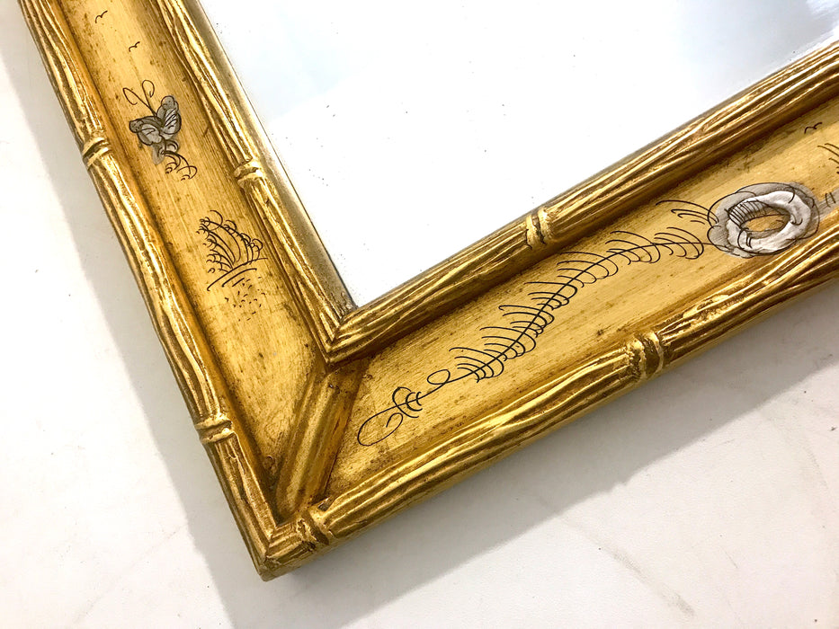 Vintage Chinoiserie Rectangular Faux Bamboo Gold Wall Mirror With Hand Painted Chinoiserie Landscape Scenes