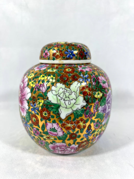 Vintage Chinese Hand Painted Gold Porcelain Ginger Jar With Multi Coloured Spring Flowers