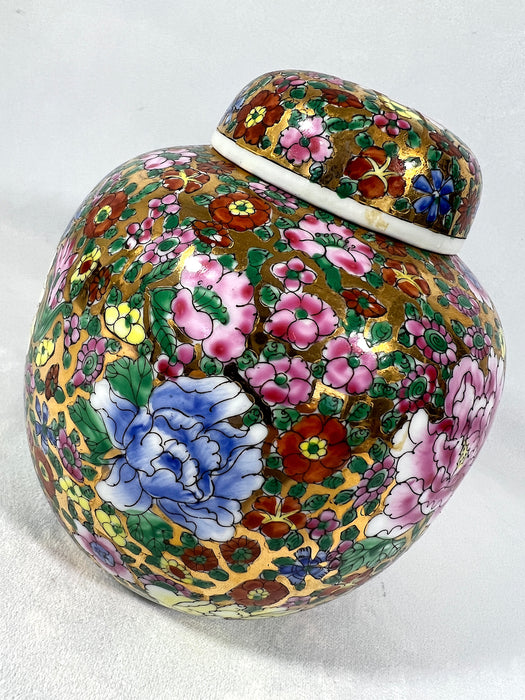 Vintage Chinese Hand Painted Gold Porcelain Ginger Jar With Multi Coloured Spring Flowers