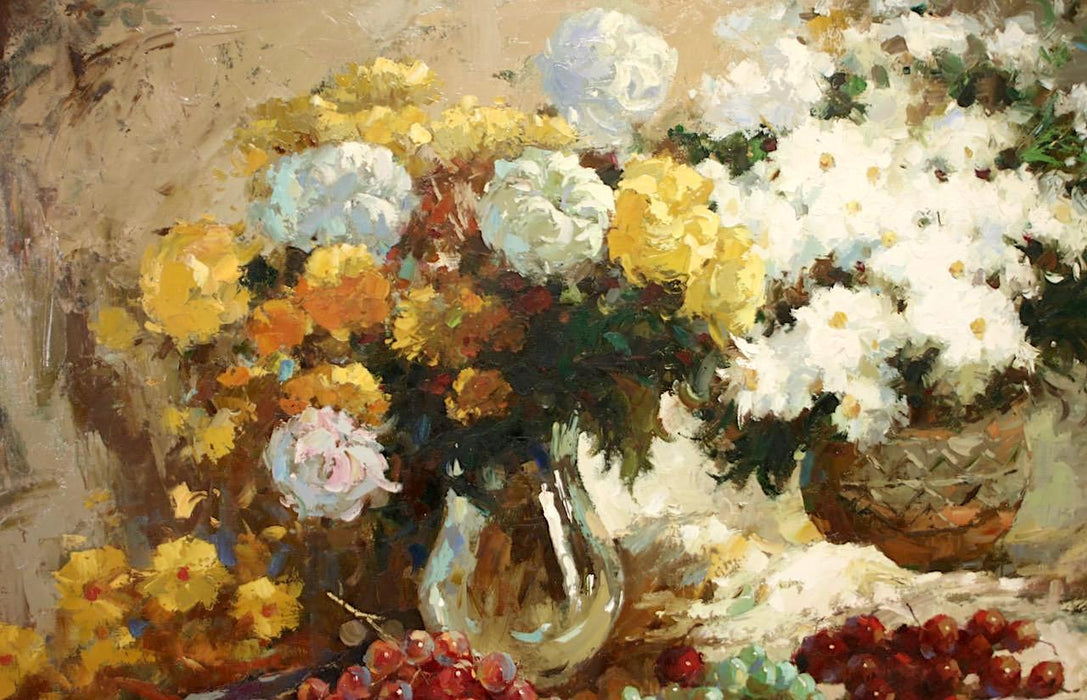 Large Vintage Original Oil on Canvas Still Life Painting of Flowers and Grapes, Signed