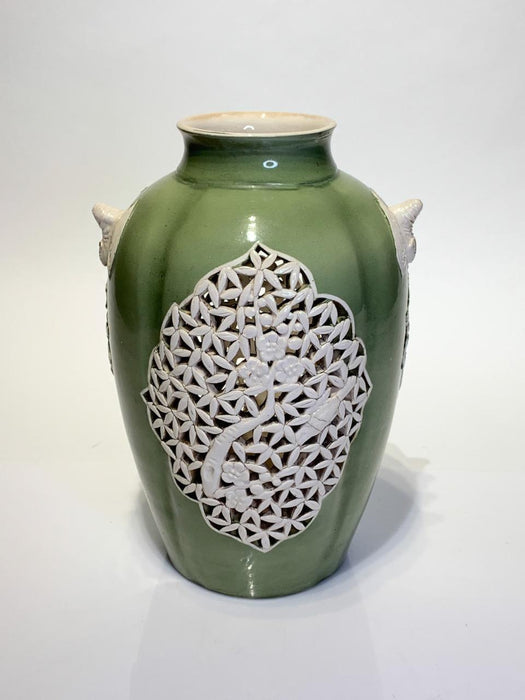 1930's Chinese Republic Period Green & Cream Glazed Vase, Reticulated Prunus Design