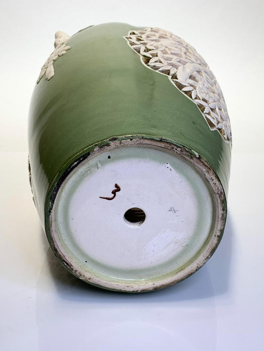 1930's Chinese Republic Period Green & Cream Glazed Vase, Reticulated Prunus Design