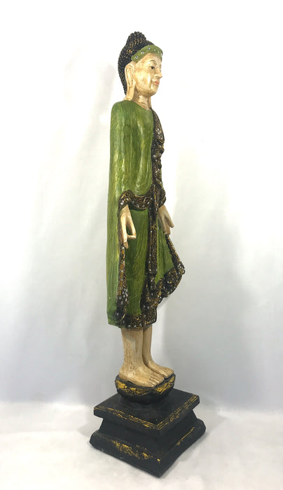 Large Standing Gold and Green Robed Thai Buddha on Lotus Base